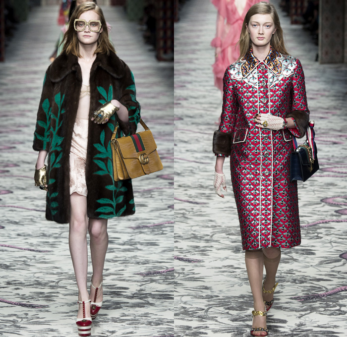 Gucci 2016 Spring Summer Womens Runway Catwalk Looks Designer Alessandro Michele - Milano Moda Donna Milan Fashion Week Italy - Silk Satin Sheer Chiffon Knit Lace Crochet Jacquard Flowers Floral Motif Ornamental Embroidery Sequins Pussycat Bow Ribbon Outerwear Coat Pantsuit Pant Suit Trouser Suit Crop Top Midriff Bralette Motorcycle Biker Leather Maxi Dress Goddess Gown Necktie Ruffles Tiered