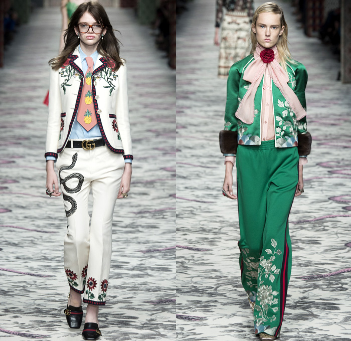 Gucci 2016 Spring Summer Womens Runway Catwalk Looks Designer Alessandro Michele - Milano Moda Donna Milan Fashion Week Italy - Silk Satin Sheer Chiffon Knit Lace Crochet Jacquard Flowers Floral Motif Ornamental Embroidery Sequins Pussycat Bow Ribbon Outerwear Coat Pantsuit Pant Suit Trouser Suit Crop Top Midriff Bralette Motorcycle Biker Leather Maxi Dress Goddess Gown Necktie Ruffles Tiered