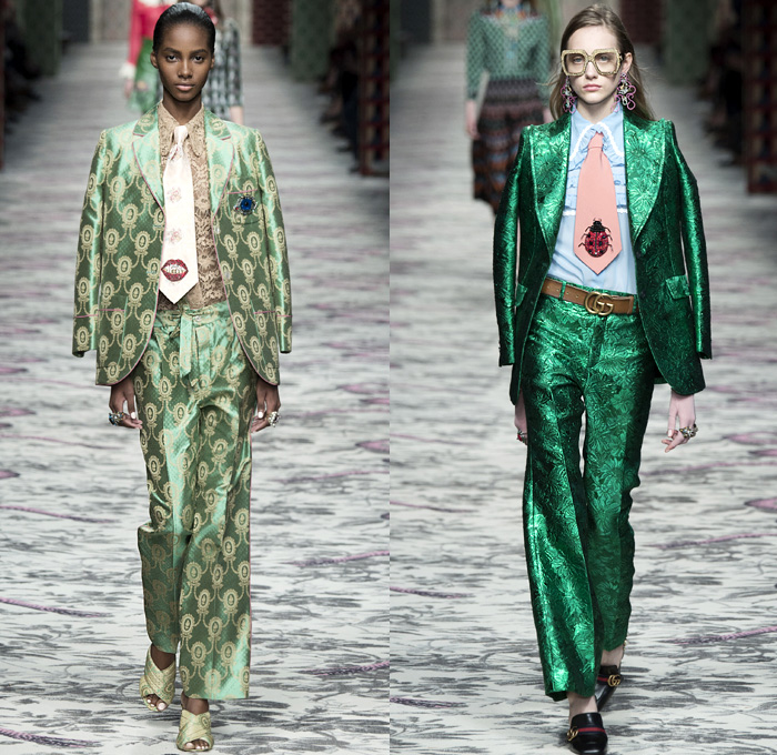 Gucci 2016 Spring Summer Womens Runway Catwalk Looks Designer Alessandro Michele - Milano Moda Donna Milan Fashion Week Italy - Silk Satin Sheer Chiffon Knit Lace Crochet Jacquard Flowers Floral Motif Ornamental Embroidery Sequins Pussycat Bow Ribbon Outerwear Coat Pantsuit Pant Suit Trouser Suit Crop Top Midriff Bralette Motorcycle Biker Leather Maxi Dress Goddess Gown Necktie Ruffles Tiered