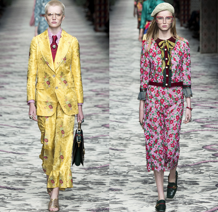 Gucci 2016 Spring Summer Womens Runway Catwalk Looks Designer Alessandro Michele - Milano Moda Donna Milan Fashion Week Italy - Silk Satin Sheer Chiffon Knit Lace Crochet Jacquard Flowers Floral Motif Ornamental Embroidery Sequins Pussycat Bow Ribbon Outerwear Coat Pantsuit Pant Suit Trouser Suit Crop Top Midriff Bralette Motorcycle Biker Leather Maxi Dress Goddess Gown Necktie Ruffles Tiered