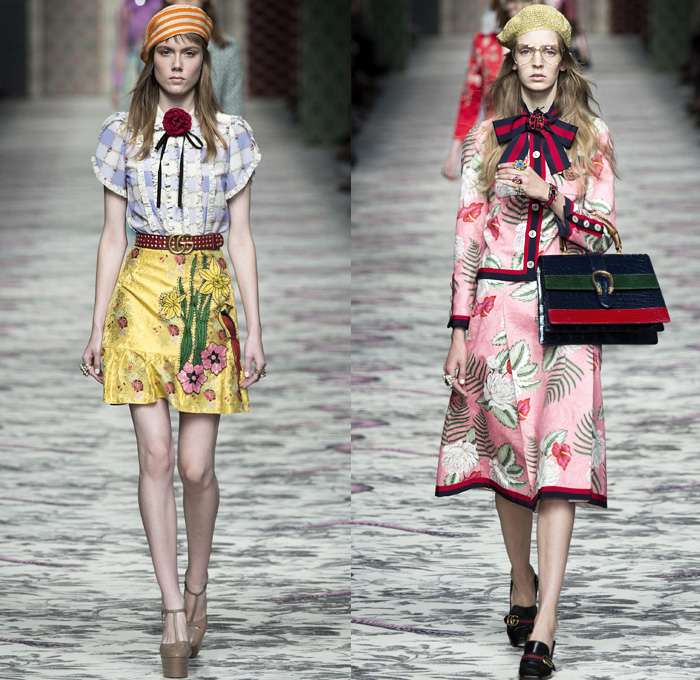 Gucci 2016 Spring Summer Womens Runway Catwalk Looks Designer Alessandro Michele - Milano Moda Donna Milan Fashion Week Italy - Silk Satin Sheer Chiffon Knit Lace Crochet Jacquard Flowers Floral Motif Ornamental Embroidery Sequins Pussycat Bow Ribbon Outerwear Coat Pantsuit Pant Suit Trouser Suit Crop Top Midriff Bralette Motorcycle Biker Leather Maxi Dress Goddess Gown Necktie Ruffles Tiered