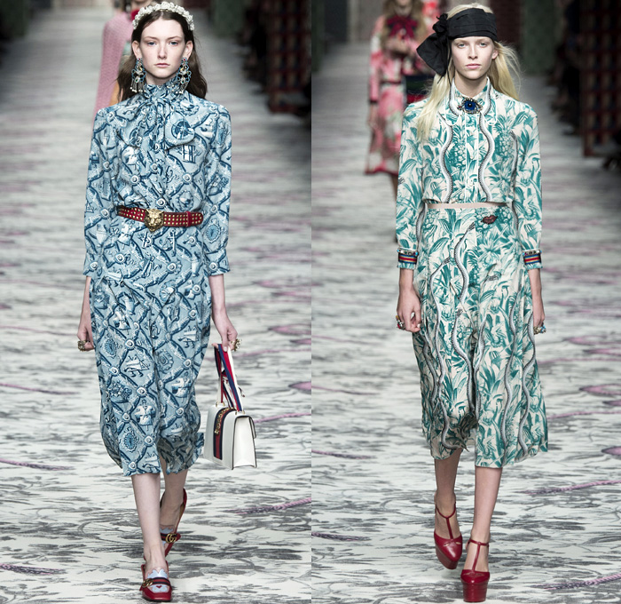 Gucci 2016 Spring Summer Womens Runway Catwalk Looks Designer Alessandro Michele - Milano Moda Donna Milan Fashion Week Italy - Silk Satin Sheer Chiffon Knit Lace Crochet Jacquard Flowers Floral Motif Ornamental Embroidery Sequins Pussycat Bow Ribbon Outerwear Coat Pantsuit Pant Suit Trouser Suit Crop Top Midriff Bralette Motorcycle Biker Leather Maxi Dress Goddess Gown Necktie Ruffles Tiered