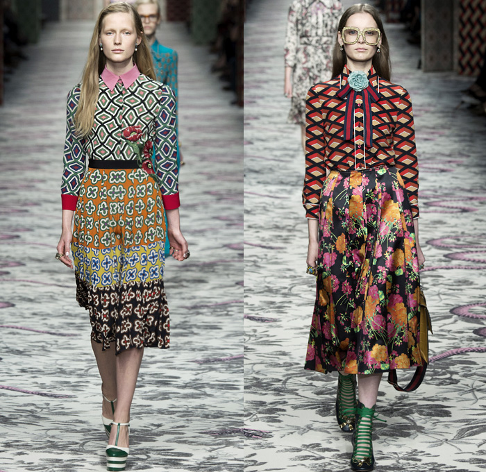 Gucci 2016 Spring Summer Womens Runway Catwalk Looks Designer Alessandro Michele - Milano Moda Donna Milan Fashion Week Italy - Silk Satin Sheer Chiffon Knit Lace Crochet Jacquard Flowers Floral Motif Ornamental Embroidery Sequins Pussycat Bow Ribbon Outerwear Coat Pantsuit Pant Suit Trouser Suit Crop Top Midriff Bralette Motorcycle Biker Leather Maxi Dress Goddess Gown Necktie Ruffles Tiered