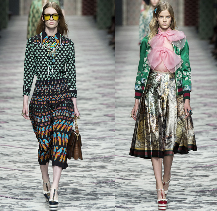 Gucci 2016 Spring Summer Womens Runway Catwalk Looks Designer Alessandro Michele - Milano Moda Donna Milan Fashion Week Italy - Silk Satin Sheer Chiffon Knit Lace Crochet Jacquard Flowers Floral Motif Ornamental Embroidery Sequins Pussycat Bow Ribbon Outerwear Coat Pantsuit Pant Suit Trouser Suit Crop Top Midriff Bralette Motorcycle Biker Leather Maxi Dress Goddess Gown Necktie Ruffles Tiered