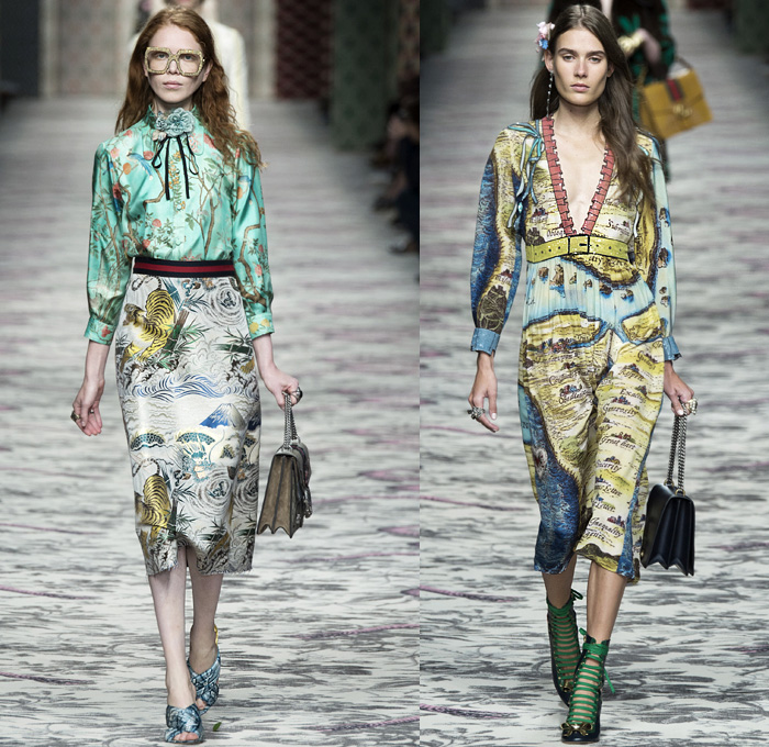 Gucci 2016 Spring Summer Womens Runway Catwalk Looks Designer Alessandro Michele - Milano Moda Donna Milan Fashion Week Italy - Silk Satin Sheer Chiffon Knit Lace Crochet Jacquard Flowers Floral Motif Ornamental Embroidery Sequins Pussycat Bow Ribbon Outerwear Coat Pantsuit Pant Suit Trouser Suit Crop Top Midriff Bralette Motorcycle Biker Leather Maxi Dress Goddess Gown Necktie Ruffles Tiered