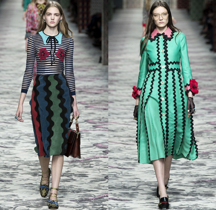 Gucci 2016 Spring Summer Womens Runway Catwalk Looks Designer Alessandro Michele - Milano Moda Donna Milan Fashion Week Italy - Silk Satin Sheer Chiffon Knit Lace Crochet Jacquard Flowers Floral Motif Ornamental Embroidery Sequins Pussycat Bow Ribbon Outerwear Coat Pantsuit Pant Suit Trouser Suit Crop Top Midriff Bralette Motorcycle Biker Leather Maxi Dress Goddess Gown Necktie Ruffles Tiered