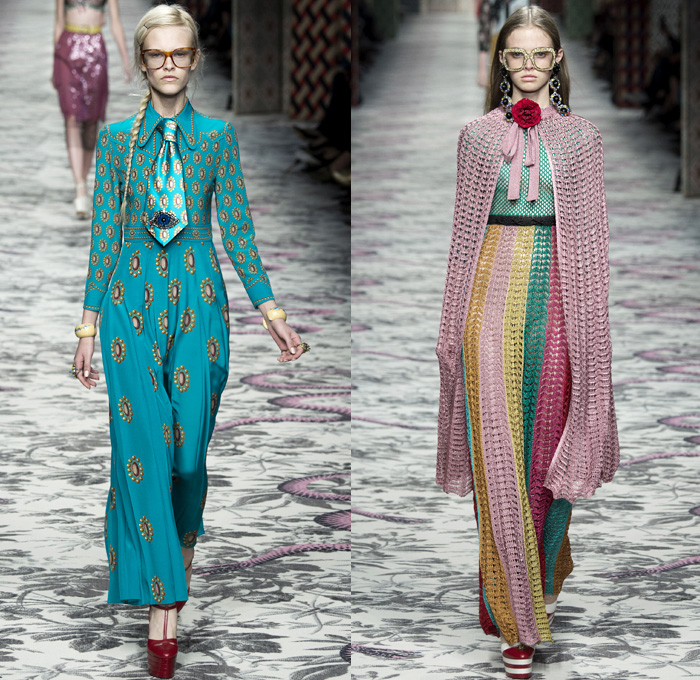 Gucci 2016 Spring Summer Womens Runway Catwalk Looks Designer Alessandro Michele - Milano Moda Donna Milan Fashion Week Italy - Silk Satin Sheer Chiffon Knit Lace Crochet Jacquard Flowers Floral Motif Ornamental Embroidery Sequins Pussycat Bow Ribbon Outerwear Coat Pantsuit Pant Suit Trouser Suit Crop Top Midriff Bralette Motorcycle Biker Leather Maxi Dress Goddess Gown Necktie Ruffles Tiered