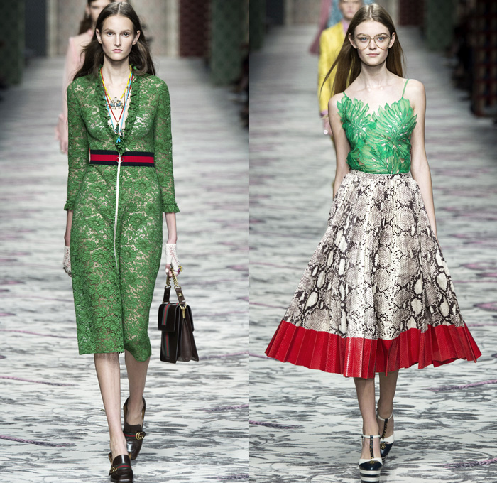 Gucci 2016 Spring Summer Womens Runway Catwalk Looks Designer Alessandro Michele - Milano Moda Donna Milan Fashion Week Italy - Silk Satin Sheer Chiffon Knit Lace Crochet Jacquard Flowers Floral Motif Ornamental Embroidery Sequins Pussycat Bow Ribbon Outerwear Coat Pantsuit Pant Suit Trouser Suit Crop Top Midriff Bralette Motorcycle Biker Leather Maxi Dress Goddess Gown Necktie Ruffles Tiered