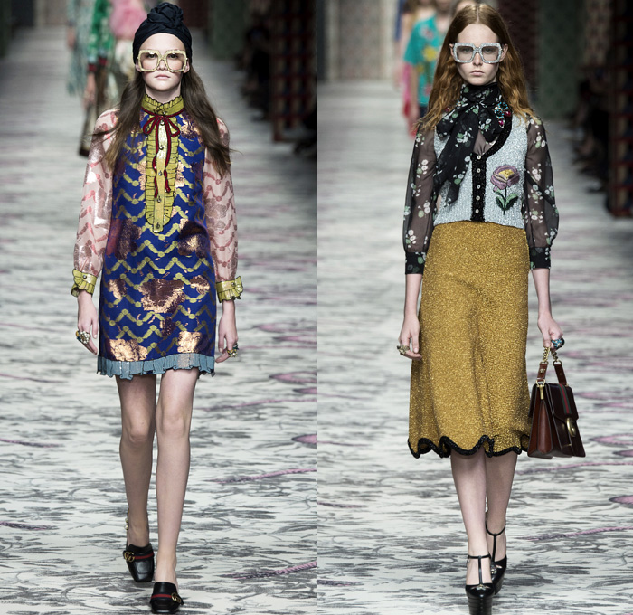 Gucci 2016 Spring Summer Womens Runway Catwalk Looks Designer Alessandro Michele - Milano Moda Donna Milan Fashion Week Italy - Silk Satin Sheer Chiffon Knit Lace Crochet Jacquard Flowers Floral Motif Ornamental Embroidery Sequins Pussycat Bow Ribbon Outerwear Coat Pantsuit Pant Suit Trouser Suit Crop Top Midriff Bralette Motorcycle Biker Leather Maxi Dress Goddess Gown Necktie Ruffles Tiered