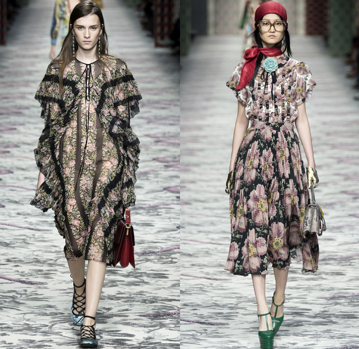 Gucci 2016 Spring Summer Womens Runway Catwalk Looks Designer Alessandro Michele - Milano Moda Donna Milan Fashion Week Italy - Silk Satin Sheer Chiffon Knit Lace Crochet Jacquard Flowers Floral Motif Ornamental Embroidery Sequins Pussycat Bow Ribbon Outerwear Coat Pantsuit Pant Suit Trouser Suit Crop Top Midriff Bralette Motorcycle Biker Leather Maxi Dress Goddess Gown Necktie Ruffles Tiered