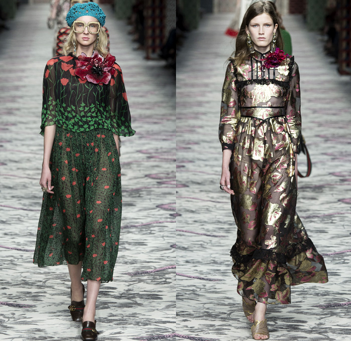 Gucci 2016 Spring Summer Womens Runway Catwalk Looks Designer Alessandro Michele - Milano Moda Donna Milan Fashion Week Italy - Silk Satin Sheer Chiffon Knit Lace Crochet Jacquard Flowers Floral Motif Ornamental Embroidery Sequins Pussycat Bow Ribbon Outerwear Coat Pantsuit Pant Suit Trouser Suit Crop Top Midriff Bralette Motorcycle Biker Leather Maxi Dress Goddess Gown Necktie Ruffles Tiered