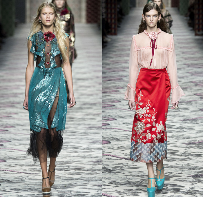 Gucci 2016 Spring Summer Womens Runway Catwalk Looks Designer Alessandro Michele - Milano Moda Donna Milan Fashion Week Italy - Silk Satin Sheer Chiffon Knit Lace Crochet Jacquard Flowers Floral Motif Ornamental Embroidery Sequins Pussycat Bow Ribbon Outerwear Coat Pantsuit Pant Suit Trouser Suit Crop Top Midriff Bralette Motorcycle Biker Leather Maxi Dress Goddess Gown Necktie Ruffles Tiered