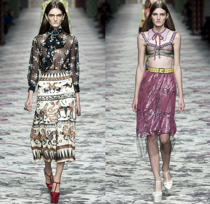 Gucci 2016 Spring Summer Womens Runway Catwalk Looks Designer Alessandro Michele - Milano Moda Donna Milan Fashion Week Italy - Silk Satin Sheer Chiffon Knit Lace Crochet Jacquard Flowers Floral Motif Ornamental Embroidery Sequins Pussycat Bow Ribbon Outerwear Coat Pantsuit Pant Suit Trouser Suit Crop Top Midriff Bralette Motorcycle Biker Leather Maxi Dress Goddess Gown Necktie Ruffles Tiered