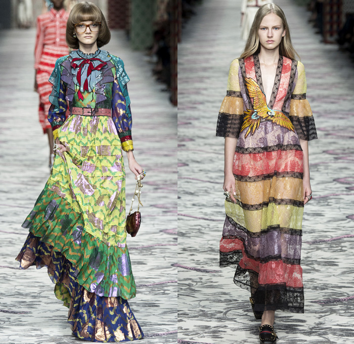 Gucci 2016 Spring Summer Womens Runway Catwalk Looks Designer Alessandro Michele - Milano Moda Donna Milan Fashion Week Italy - Silk Satin Sheer Chiffon Knit Lace Crochet Jacquard Flowers Floral Motif Ornamental Embroidery Sequins Pussycat Bow Ribbon Outerwear Coat Pantsuit Pant Suit Trouser Suit Crop Top Midriff Bralette Motorcycle Biker Leather Maxi Dress Goddess Gown Necktie Ruffles Tiered