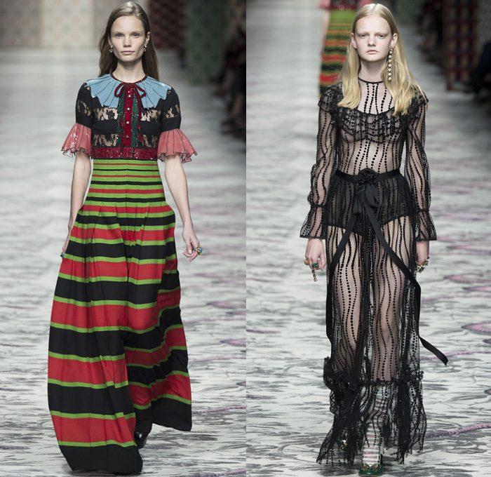 Gucci 2016 Spring Summer Womens Runway Catwalk Looks Designer Alessandro Michele - Milano Moda Donna Milan Fashion Week Italy - Silk Satin Sheer Chiffon Knit Lace Crochet Jacquard Flowers Floral Motif Ornamental Embroidery Sequins Pussycat Bow Ribbon Outerwear Coat Pantsuit Pant Suit Trouser Suit Crop Top Midriff Bralette Motorcycle Biker Leather Maxi Dress Goddess Gown Necktie Ruffles Tiered