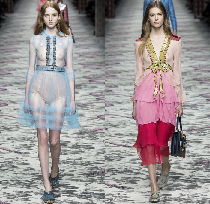 Gucci 2016 Spring Summer Womens Runway Catwalk Looks Designer Alessandro Michele - Milano Moda Donna Milan Fashion Week Italy - Silk Satin Sheer Chiffon Knit Lace Crochet Jacquard Flowers Floral Motif Ornamental Embroidery Sequins Pussycat Bow Ribbon Outerwear Coat Pantsuit Pant Suit Trouser Suit Crop Top Midriff Bralette Motorcycle Biker Leather Maxi Dress Goddess Gown Necktie Ruffles Tiered