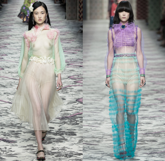 Gucci 2016 Spring Summer Womens Runway Catwalk Looks Designer Alessandro Michele - Milano Moda Donna Milan Fashion Week Italy - Silk Satin Sheer Chiffon Knit Lace Crochet Jacquard Flowers Floral Motif Ornamental Embroidery Sequins Pussycat Bow Ribbon Outerwear Coat Pantsuit Pant Suit Trouser Suit Crop Top Midriff Bralette Motorcycle Biker Leather Maxi Dress Goddess Gown Necktie Ruffles Tiered