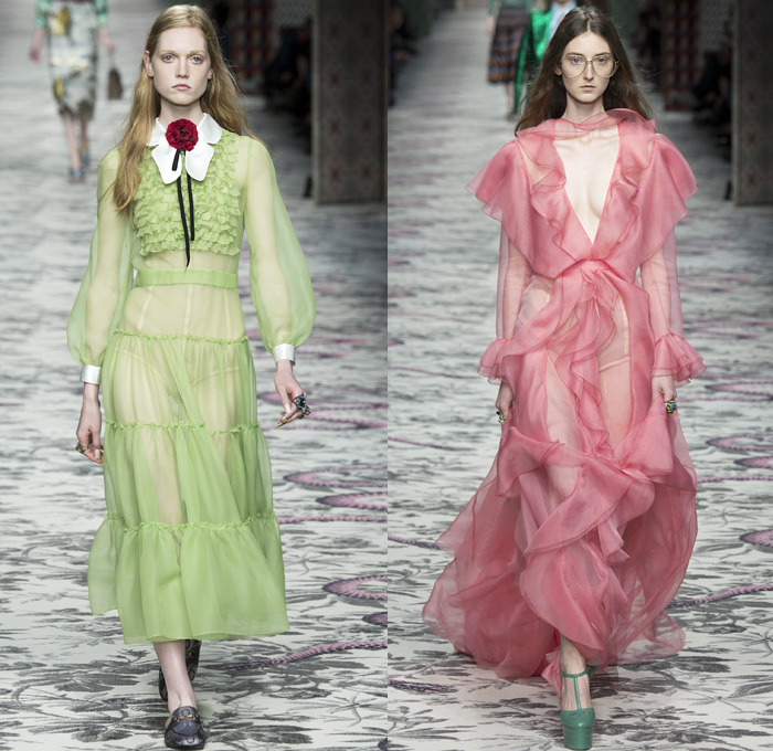 Gucci 2016 Spring Summer Womens Runway Catwalk Looks Designer Alessandro Michele - Milano Moda Donna Milan Fashion Week Italy - Silk Satin Sheer Chiffon Knit Lace Crochet Jacquard Flowers Floral Motif Ornamental Embroidery Sequins Pussycat Bow Ribbon Outerwear Coat Pantsuit Pant Suit Trouser Suit Crop Top Midriff Bralette Motorcycle Biker Leather Maxi Dress Goddess Gown Necktie Ruffles Tiered