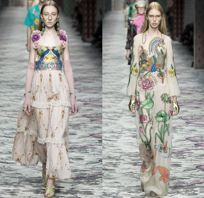 Gucci 2016 Spring Summer Womens Runway Catwalk Looks Designer Alessandro Michele - Milano Moda Donna Milan Fashion Week Italy - Silk Satin Sheer Chiffon Knit Lace Crochet Jacquard Flowers Floral Motif Ornamental Embroidery Sequins Pussycat Bow Ribbon Outerwear Coat Pantsuit Pant Suit Trouser Suit Crop Top Midriff Bralette Motorcycle Biker Leather Maxi Dress Goddess Gown Necktie Ruffles Tiered