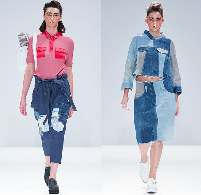 GYOYUNI KIMCHOE 2016 Spring Summer Womens Runway Catwalk Looks - London Fashion Week - London Collections British UK United Kingdom - Denim Jeans Patchwork Asian Chinese Silk Robe Kimono Ornamental Embroidery Ruffles Motorcycle Biker Leather Jacket Shirtdress Sash Waist Cargo Pockets Frayed Raw Hem Crop Top Midriff Skirt Frock Pinstripe Pantsuit Silk Satin Camouflage Tulle Dragon Flowers