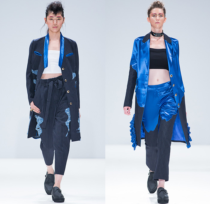 GYOYUNI KIMCHOE 2016 Spring Summer Womens Runway Catwalk Looks - London Fashion Week - London Collections British UK United Kingdom - Denim Jeans Patchwork Asian Chinese Silk Robe Kimono Ornamental Embroidery Ruffles Motorcycle Biker Leather Jacket Shirtdress Sash Waist Cargo Pockets Frayed Raw Hem Crop Top Midriff Skirt Frock Pinstripe Pantsuit Silk Satin Camouflage Tulle Dragon Flowers