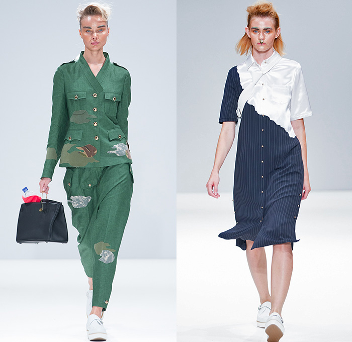 GYOYUNI KIMCHOE 2016 Spring Summer Womens Runway Catwalk Looks - London Fashion Week - London Collections British UK United Kingdom - Denim Jeans Patchwork Asian Chinese Silk Robe Kimono Ornamental Embroidery Ruffles Motorcycle Biker Leather Jacket Shirtdress Sash Waist Cargo Pockets Frayed Raw Hem Crop Top Midriff Skirt Frock Pinstripe Pantsuit Silk Satin Camouflage Tulle Dragon Flowers