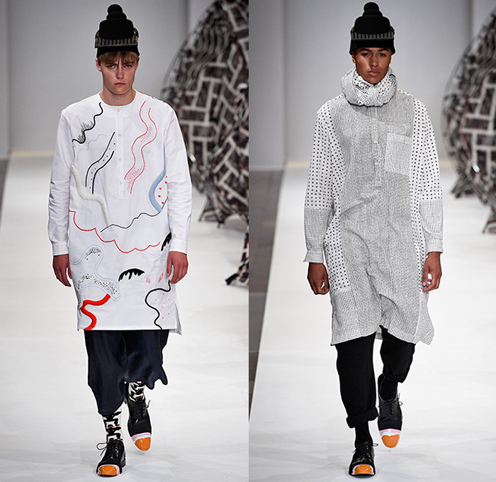 Henrik Vibskov 2016 Spring Summer Mens Runway Catwalk Looks - Copenhagen Fashion Week Denmark CPHFW - The Sticky Brick Fingers Bomber Jacket Shorts Circles Brogues Pop Art Vulture Intestines Lines Stripes Knit Sweater Jumper Cardigan Embroidery Long Shirt Kaftan Caftan Cross Patchwork Multi-Panel Scarf Pants Trousers Topography Rock Formations Double-Breasted Outerwear Blazer Jacket Brick Wall