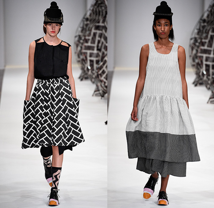 Henrik Vibskov 2016 Spring Summer Womens Runway Catwalk Looks - Copenhagen Fashion Week Denmark CPHFW - The Sticky Brick Fingers Pop Art Vulture Intestines Lines Stripes Sleeveless Tank Top Skirt Frock Sheer Chiffon Knit Sweater Jumper Pullover Brogues Swimwear Monokini Outerwear Coat Cross Brick Wall Cutout Tiered Sweaterdress Shirtdress Topography Rock Formations Coatdress