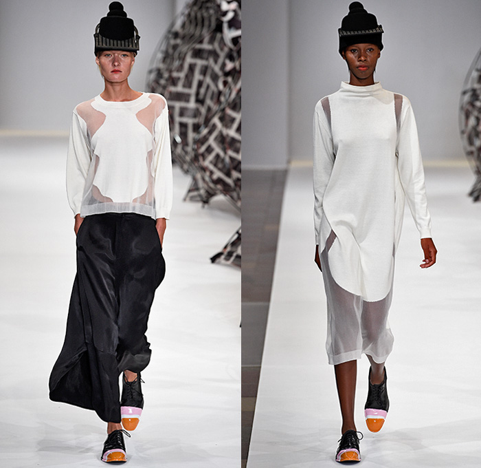 Henrik Vibskov 2016 Spring Summer Womens Runway Catwalk Looks - Copenhagen Fashion Week Denmark CPHFW - The Sticky Brick Fingers Pop Art Vulture Intestines Lines Stripes Sleeveless Tank Top Skirt Frock Sheer Chiffon Knit Sweater Jumper Pullover Brogues Swimwear Monokini Outerwear Coat Cross Brick Wall Cutout Tiered Sweaterdress Shirtdress Topography Rock Formations Coatdress