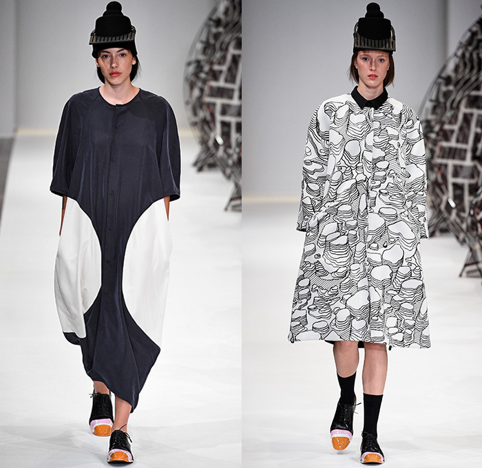 Henrik Vibskov 2016 Spring Summer Womens Runway Catwalk Looks - Copenhagen Fashion Week Denmark CPHFW - The Sticky Brick Fingers Pop Art Vulture Intestines Lines Stripes Sleeveless Tank Top Skirt Frock Sheer Chiffon Knit Sweater Jumper Pullover Brogues Swimwear Monokini Outerwear Coat Cross Brick Wall Cutout Tiered Sweaterdress Shirtdress Topography Rock Formations Coatdress