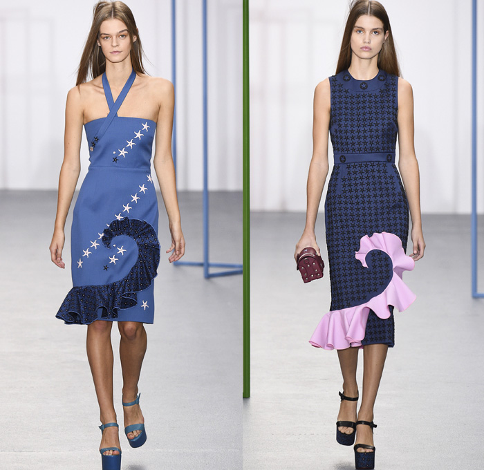 Holly Fulton 2016 Spring Summer Womens Runway Catwalk Looks - London Fashion Week - British Fashion Council UK United Kingdom - Eileen Agar Denim Jeans Starfish Ruffles Spiral Swirl Seahorse Silicon Pinwheel Crystal Organza 1970s Seventies Flowers Floral Coat Jacket Jewels Bedazzled Blouse Wide Leg Trousers Palazzo Pants Flare Peter Pan Collar Strapless Peplum Skirt Frock Stripes Dress Halter Top Waistcoat Cutout Sheer Chiffon Bag