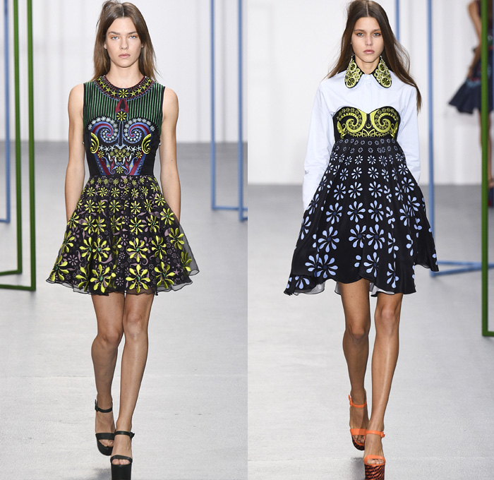 Holly Fulton 2016 Spring Summer Womens Runway Catwalk Looks - London Fashion Week - British Fashion Council UK United Kingdom - Eileen Agar Denim Jeans Starfish Ruffles Spiral Swirl Seahorse Silicon Pinwheel Crystal Organza 1970s Seventies Flowers Floral Coat Jacket Jewels Bedazzled Blouse Wide Leg Trousers Palazzo Pants Flare Peter Pan Collar Strapless Peplum Skirt Frock Stripes Dress Halter Top Waistcoat Cutout Sheer Chiffon Bag