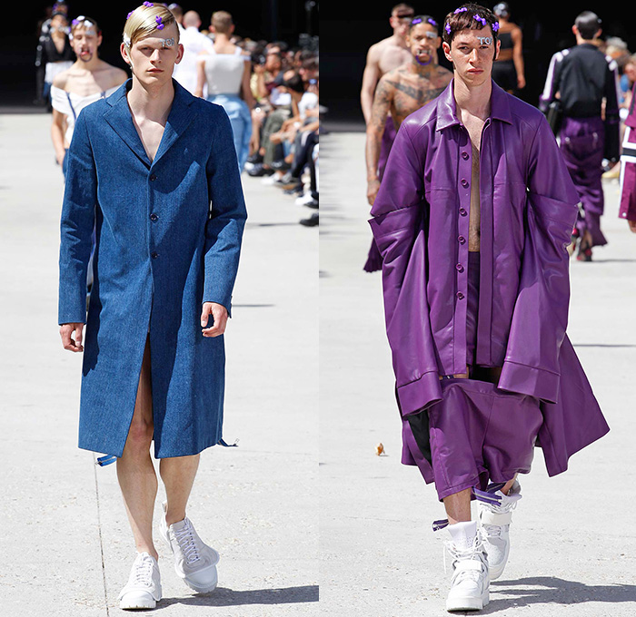 Hood By Air 2016 Spring Summer Mens Runway Catwalk Looks - Mode à Paris Fashion Week Mode Masculine France - Denim Jeans Fetish Coat Sneakers Androgyny Genderless Cutout Panels Lace Up Bomber Jacket Crop Top Midriff Shorts Asymmetrical Deconstructed Wrap Half Sleeve Paint Crackle Skirtleg Accordion Pleats Tiered Turtleneck Beads Mesh Motorcycle Biker Leather Nylon Blazer White Ensemble Onesie Jumpsuit