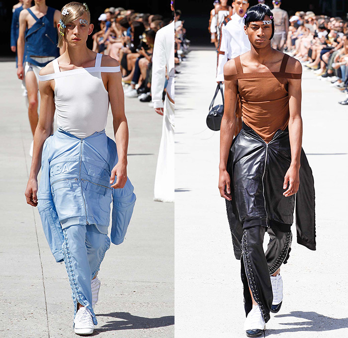 Hood By Air 2016 Spring Summer Mens Runway Catwalk Looks - Mode à Paris Fashion Week Mode Masculine France - Denim Jeans Fetish Coat Sneakers Androgyny Genderless Cutout Panels Lace Up Bomber Jacket Crop Top Midriff Shorts Asymmetrical Deconstructed Wrap Half Sleeve Paint Crackle Skirtleg Accordion Pleats Tiered Turtleneck Beads Mesh Motorcycle Biker Leather Nylon Blazer White Ensemble Onesie Jumpsuit