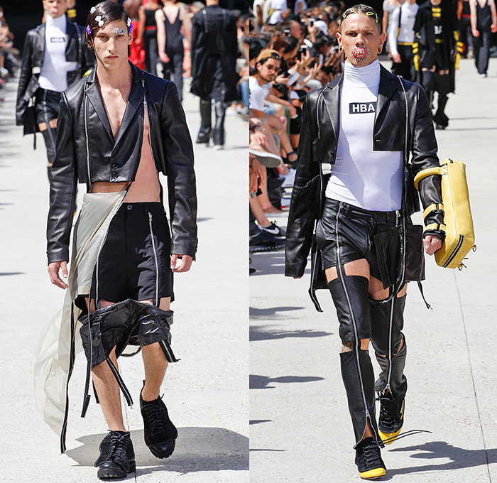 Hood By Air 2016 Spring Summer Mens Runway Catwalk Looks - Mode à Paris Fashion Week Mode Masculine France - Denim Jeans Fetish Coat Sneakers Androgyny Genderless Cutout Panels Lace Up Bomber Jacket Crop Top Midriff Shorts Asymmetrical Deconstructed Wrap Half Sleeve Paint Crackle Skirtleg Accordion Pleats Tiered Turtleneck Beads Mesh Motorcycle Biker Leather Nylon Blazer White Ensemble Onesie Jumpsuit