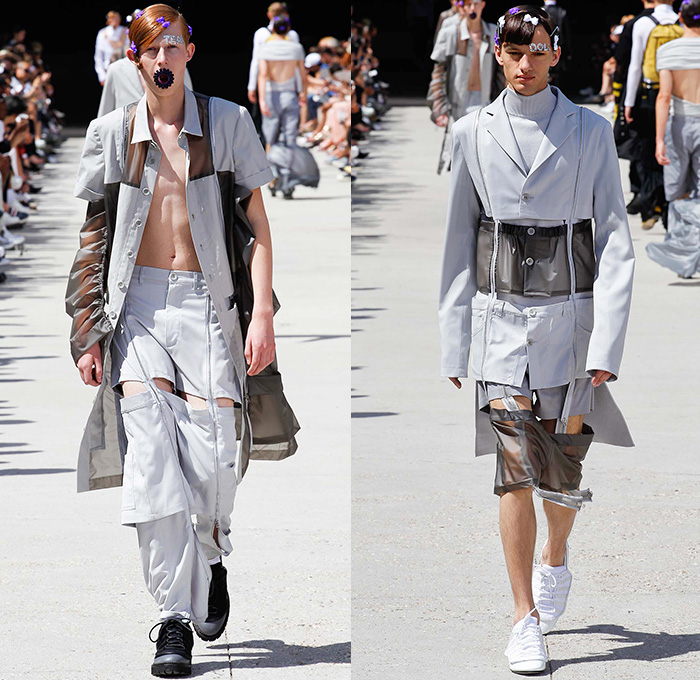 Hood By Air 2016 Spring Summer Mens Runway Catwalk Looks - Mode à Paris Fashion Week Mode Masculine France - Denim Jeans Fetish Coat Sneakers Androgyny Genderless Cutout Panels Lace Up Bomber Jacket Crop Top Midriff Shorts Asymmetrical Deconstructed Wrap Half Sleeve Paint Crackle Skirtleg Accordion Pleats Tiered Turtleneck Beads Mesh Motorcycle Biker Leather Nylon Blazer White Ensemble Onesie Jumpsuit