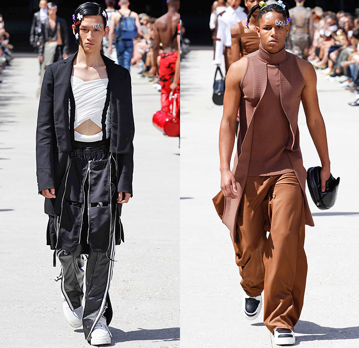 Hood By Air 2016 Spring Summer Mens Runway Catwalk Looks - Mode à Paris Fashion Week Mode Masculine France - Denim Jeans Fetish Coat Sneakers Androgyny Genderless Cutout Panels Lace Up Bomber Jacket Crop Top Midriff Shorts Asymmetrical Deconstructed Wrap Half Sleeve Paint Crackle Skirtleg Accordion Pleats Tiered Turtleneck Beads Mesh Motorcycle Biker Leather Nylon Blazer White Ensemble Onesie Jumpsuit