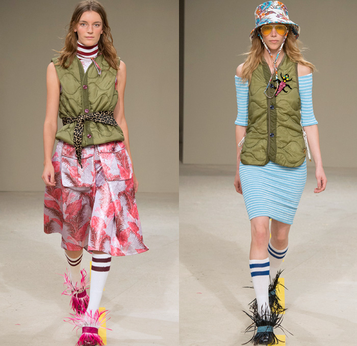 House of Holland 2016 Spring Summer Womens Runway Catwalk Looks - London Fashion Week Collections UK - Denim Jeans Ostrich Featherd Insects Bugs Animal Leopard Midi Skirt Stripes Turtleneck Leaves Botanical Motif Shirtdress Romper Onesie Jumpsuit Soccer Socks Vest Waistcoat Quilted Shorts Broche Cargo Pockets Bucket Hat Crop Top Midriff Lace Up Patchwork Cactus Plants Palm Leaves Sleepwear Lounge