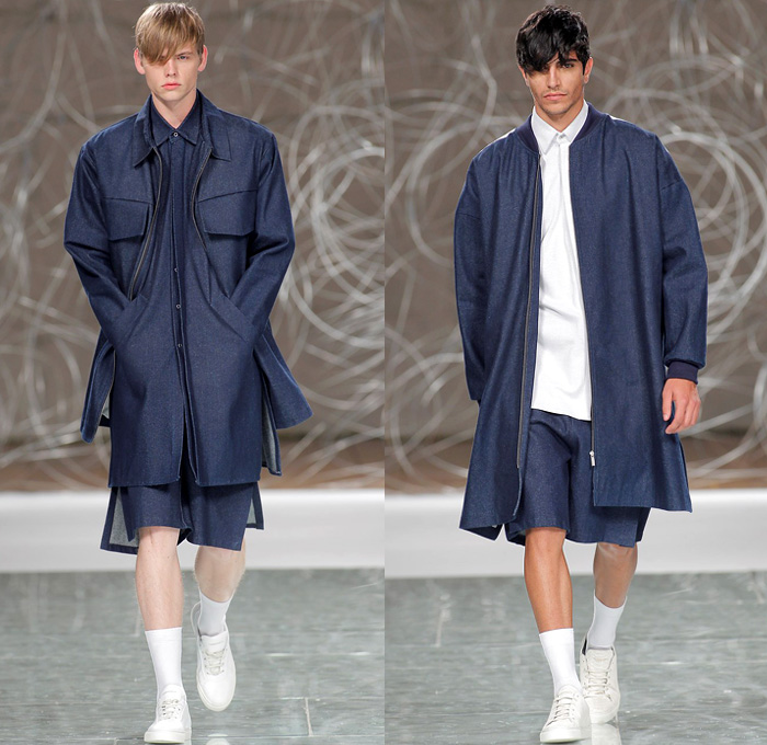 Hugo Costa 2016 Spring Summer Mens Runway Catwalk Looks - Portugal Fashion Week Porto Oporto - Boxy Denim Jeans Long Shirt Cargo Pockets Outerwear Coat Shorts Sneakers Bomber Jacket Vest Waistcoat Roll Up Sweater Jumper Pullover Backpack Sash Waist Blazer Kimono Wrap Coat-all Androgynous White Ensemble Layers Oversized