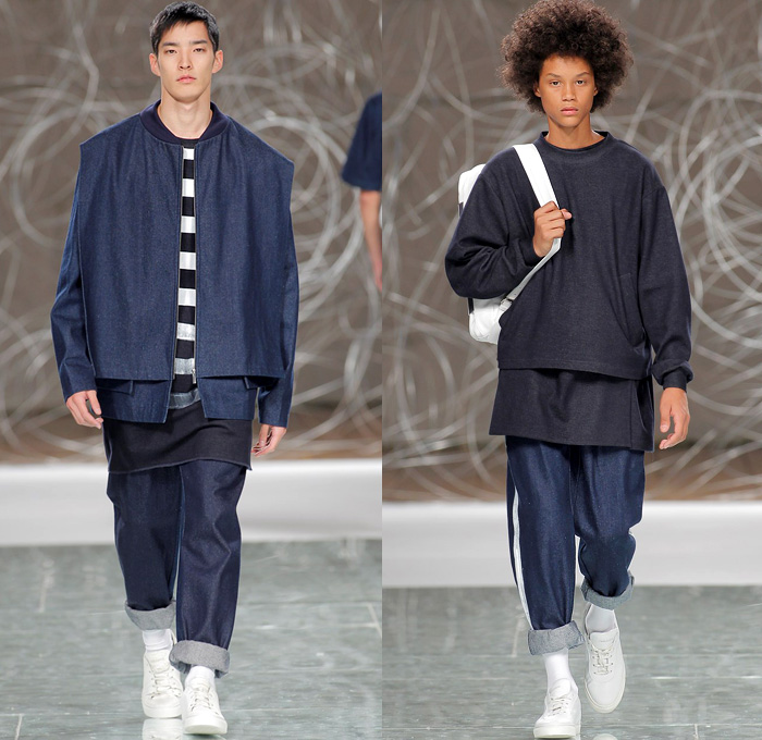 Hugo Costa 2016 Spring Summer Mens Runway Catwalk Looks - Portugal Fashion Week Porto Oporto - Boxy Denim Jeans Long Shirt Cargo Pockets Outerwear Coat Shorts Sneakers Bomber Jacket Vest Waistcoat Roll Up Sweater Jumper Pullover Backpack Sash Waist Blazer Kimono Wrap Coat-all Androgynous White Ensemble Layers Oversized