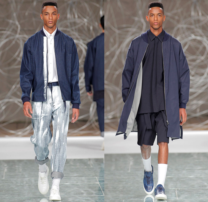 Hugo Costa 2016 Spring Summer Mens Runway Catwalk Looks - Portugal Fashion Week Porto Oporto - Boxy Denim Jeans Long Shirt Cargo Pockets Outerwear Coat Shorts Sneakers Bomber Jacket Vest Waistcoat Roll Up Sweater Jumper Pullover Backpack Sash Waist Blazer Kimono Wrap Coat-all Androgynous White Ensemble Layers Oversized