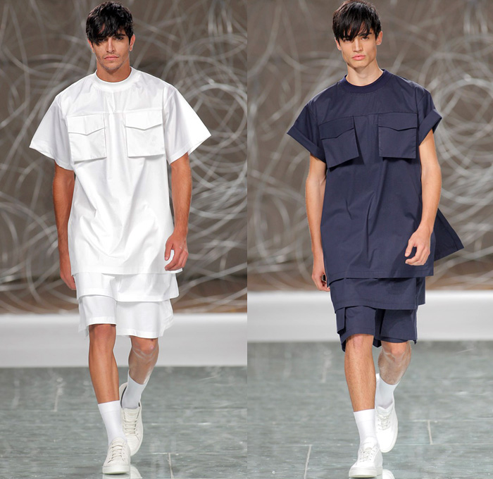 Hugo Costa 2016 Spring Summer Mens Runway Catwalk Looks - Portugal Fashion Week Porto Oporto - Boxy Denim Jeans Long Shirt Cargo Pockets Outerwear Coat Shorts Sneakers Bomber Jacket Vest Waistcoat Roll Up Sweater Jumper Pullover Backpack Sash Waist Blazer Kimono Wrap Coat-all Androgynous White Ensemble Layers Oversized