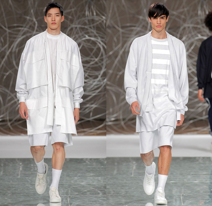 Hugo Costa 2016 Spring Summer Mens Runway Catwalk Looks - Portugal Fashion Week Porto Oporto - Boxy Denim Jeans Long Shirt Cargo Pockets Outerwear Coat Shorts Sneakers Bomber Jacket Vest Waistcoat Roll Up Sweater Jumper Pullover Backpack Sash Waist Blazer Kimono Wrap Coat-all Androgynous White Ensemble Layers Oversized