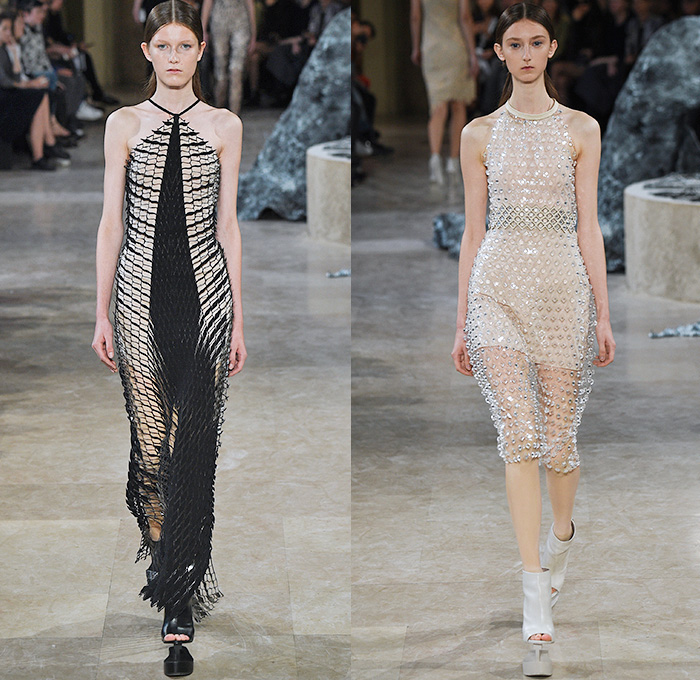 Iris van Herpen 2016 Spring Summer Womens Runway Catwalk Looks - Mode à Paris Fashion Week Mode Féminin France - Quaquaversal Sheer Chiffon Lace Mesh Net Perforated Lasercut Gown Eveningwear Dress Onesie Jumpsuit Halter Top Elevator Shoes Embroidery 3D Embellishments Adornments Jewels Bedazzled Metallic Studs Jacquard Silk Mockneck Sleeveless Frayed Raw Hem Skirt Frock Blouse Robe Feathers Kimono Crop Top Midriff