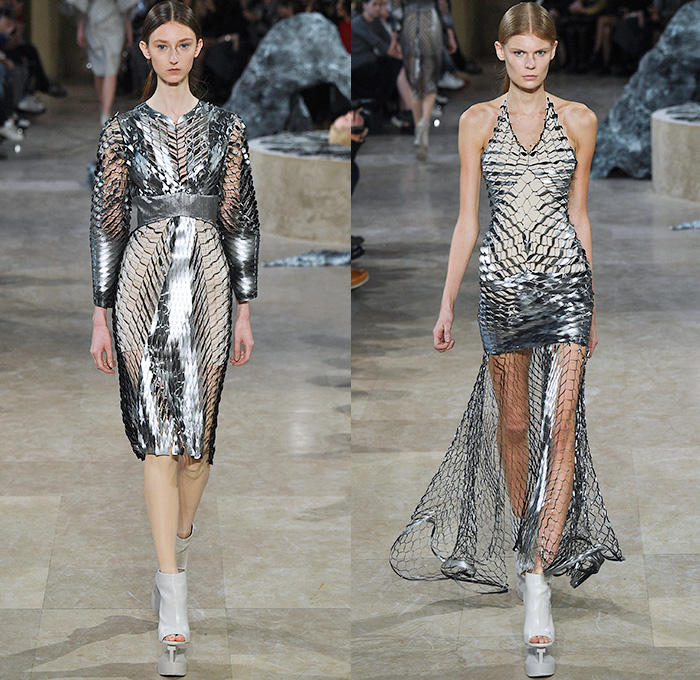 Iris van Herpen 2016 Spring Summer Womens Runway Catwalk Looks - Mode à Paris Fashion Week Mode Féminin France - Quaquaversal Sheer Chiffon Lace Mesh Net Perforated Lasercut Gown Eveningwear Dress Onesie Jumpsuit Halter Top Elevator Shoes Embroidery 3D Embellishments Adornments Jewels Bedazzled Metallic Studs Jacquard Silk Mockneck Sleeveless Frayed Raw Hem Skirt Frock Blouse Robe Feathers Kimono Crop Top Midriff