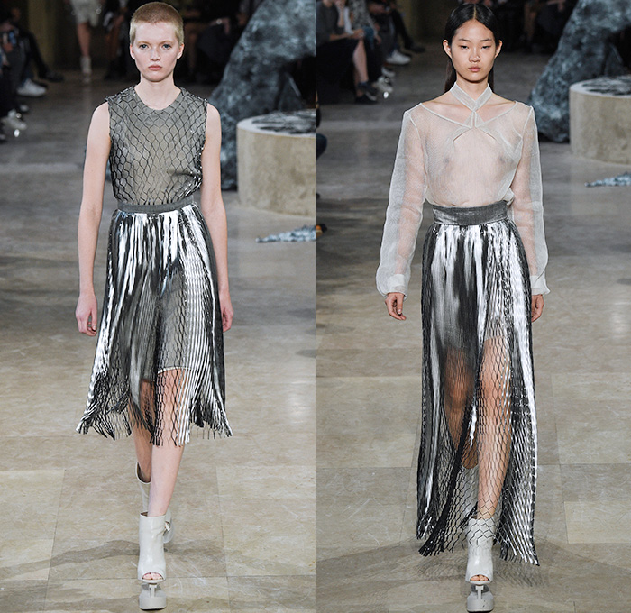 Iris van Herpen 2016 Spring Summer Womens Runway Catwalk Looks - Mode à Paris Fashion Week Mode Féminin France - Quaquaversal Sheer Chiffon Lace Mesh Net Perforated Lasercut Gown Eveningwear Dress Onesie Jumpsuit Halter Top Elevator Shoes Embroidery 3D Embellishments Adornments Jewels Bedazzled Metallic Studs Jacquard Silk Mockneck Sleeveless Frayed Raw Hem Skirt Frock Blouse Robe Feathers Kimono Crop Top Midriff