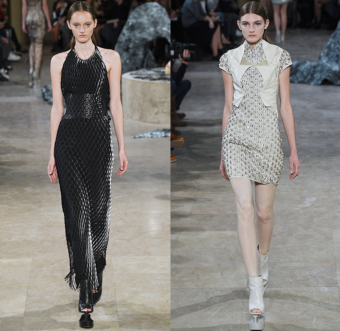 Iris van Herpen 2016 Spring Summer Womens Runway Catwalk Looks - Mode à Paris Fashion Week Mode Féminin France - Quaquaversal Sheer Chiffon Lace Mesh Net Perforated Lasercut Gown Eveningwear Dress Onesie Jumpsuit Halter Top Elevator Shoes Embroidery 3D Embellishments Adornments Jewels Bedazzled Metallic Studs Jacquard Silk Mockneck Sleeveless Frayed Raw Hem Skirt Frock Blouse Robe Feathers Kimono Crop Top Midriff