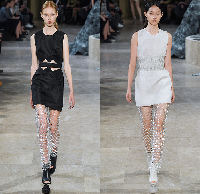 Iris van Herpen 2016 Spring Summer Womens Runway Catwalk Looks - Mode à Paris Fashion Week Mode Féminin France - Quaquaversal Sheer Chiffon Lace Mesh Net Perforated Lasercut Gown Eveningwear Dress Onesie Jumpsuit Halter Top Elevator Shoes Embroidery 3D Embellishments Adornments Jewels Bedazzled Metallic Studs Jacquard Silk Mockneck Sleeveless Frayed Raw Hem Skirt Frock Blouse Robe Feathers Kimono Crop Top Midriff