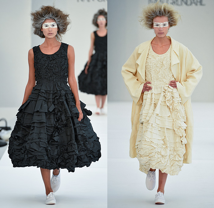 Ivan Grundahl 2016 Spring Summer Womens Runway Catwalk Looks - Copenhagen Fashion Week Denmark CPHFW - Ruffles Tiered Frayed Raw Hem 3D Adornments Skirt Frock Sheer Chiffon Tulle Lace Drapery Dress Outerwear Coat Oversized Jacket Blazer Chunky Knit Cardigan Frayed Destroyed Asymmetrical Hem Half Panel Sleeveless Shorts Culottes Flowers Florals Shirtdress Popover