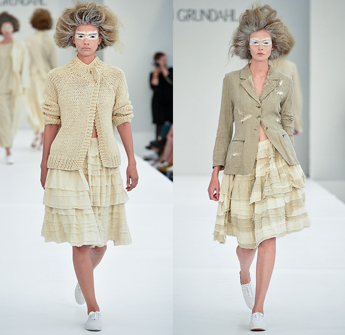 Ivan Grundahl 2016 Spring Summer Womens Runway Catwalk Looks - Copenhagen Fashion Week Denmark CPHFW - Ruffles Tiered Frayed Raw Hem 3D Adornments Skirt Frock Sheer Chiffon Tulle Lace Drapery Dress Outerwear Coat Oversized Jacket Blazer Chunky Knit Cardigan Frayed Destroyed Asymmetrical Hem Half Panel Sleeveless Shorts Culottes Flowers Florals Shirtdress Popover